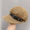Casquette Tressée en Paille Classique Creuse Respirante Protection Solaire Octogonale Boucle en Cuir Casquette Pare-Soleil pour Femme