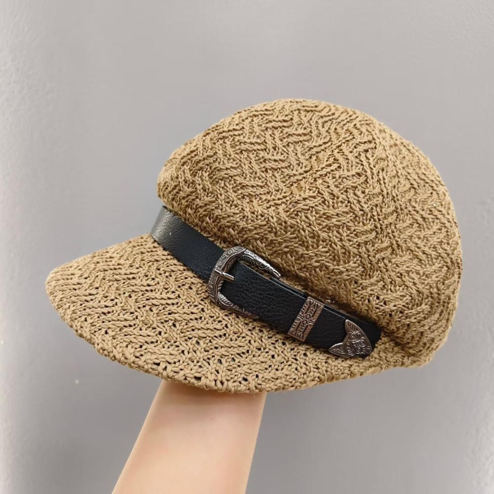 Casquette Tressée en Paille Classique Creuse Respirante Protection Solaire Octogonale Boucle en Cuir Casquette Pare-Soleil pour Femme