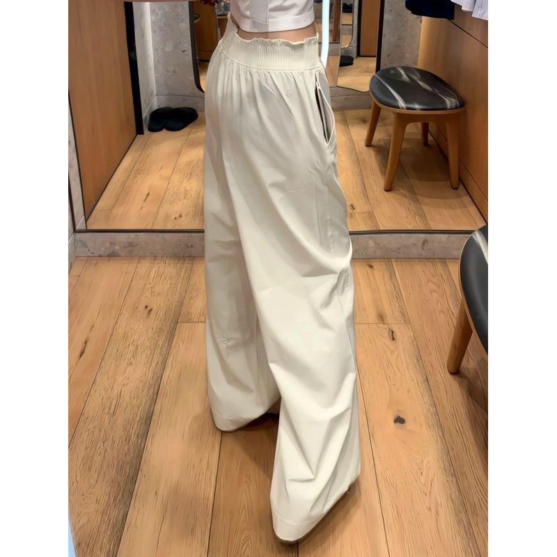 

Lu Waist Frill Elastic Waist Casual Wide Leg Sports Trousers Women Straight Loose Running Outdoor Sweat pants High Waist Bone White M