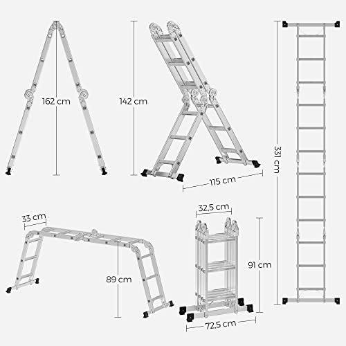 Žebřík 3,5 M, Univerzální Hliníkový Žebřík S 2 Kovovými Deskami A 12 Příčkami, Kloubový, Nosnost Až 150 Kg, Stříbrný Glt3