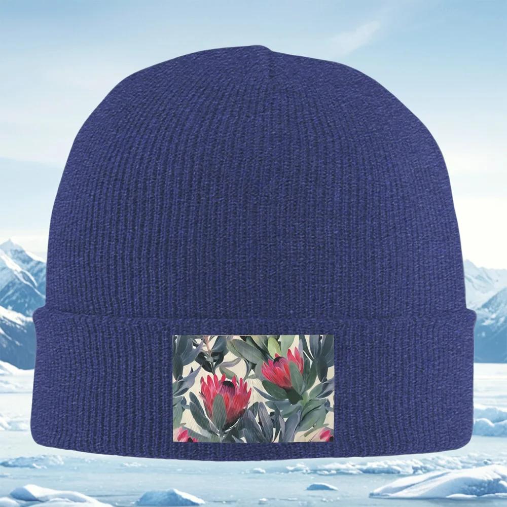 Floral Red Pattern Leaves Artwork Unisex Women Unisex Knitted Hat Beanie Pullover Cap Winter Thermal Warm Christmas Outdoor Cycling