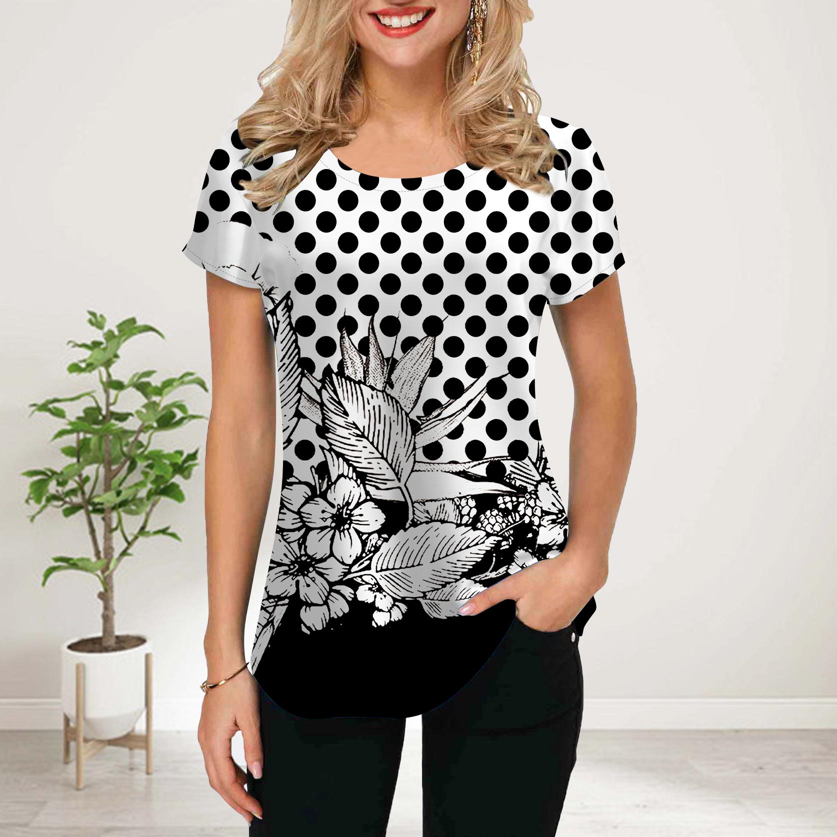 

Женская летняя футболка с синим принтом в горошек и цветами, футболки с коротким рукавом, повседневные топы с принтом 8XL белый