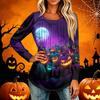 Women Casual Long Sleeve T Shirt Round Neck Pleated Halloween Print Top Lightweight Comfortable Fit Suitable for Everyday Wear