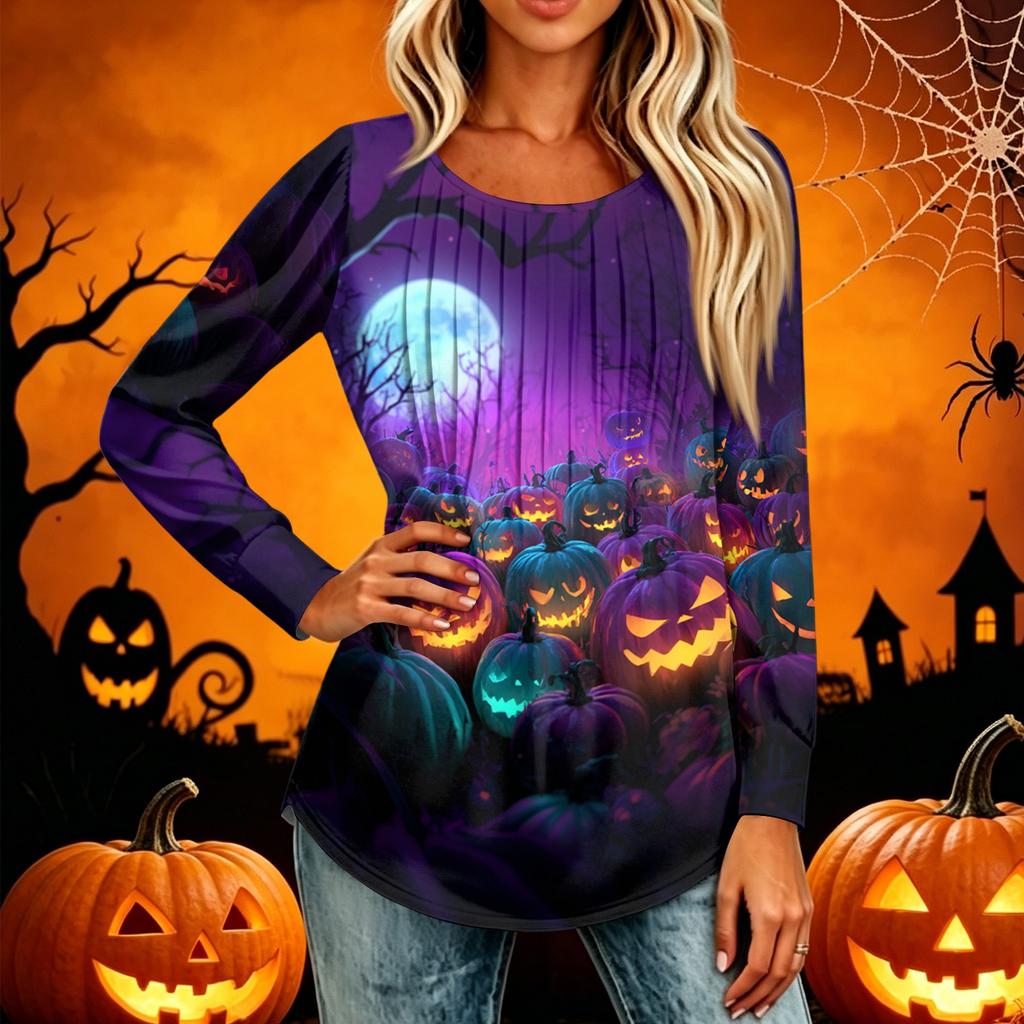 Women Casual Long Sleeve T Shirt Round Neck Pleated Halloween Print Top Lightweight Comfortable Fit Suitable for Everyday Wear