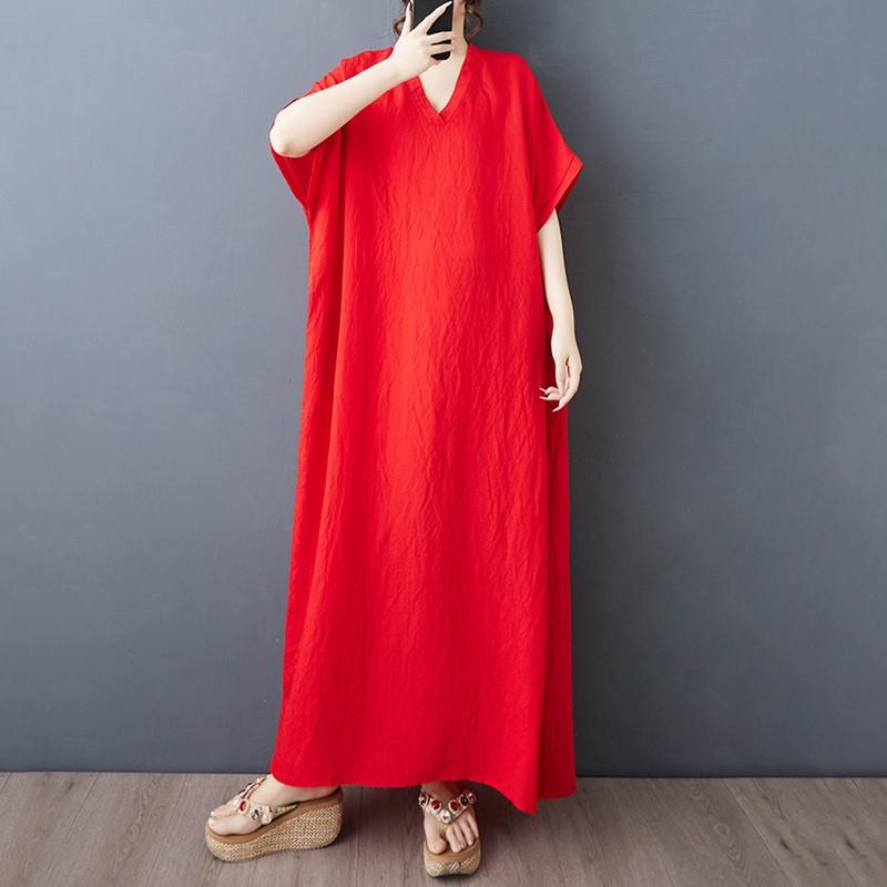 Vestido maxi largo de verano casual holgado de algodón vintage de manga corta para mujer de talla grande
