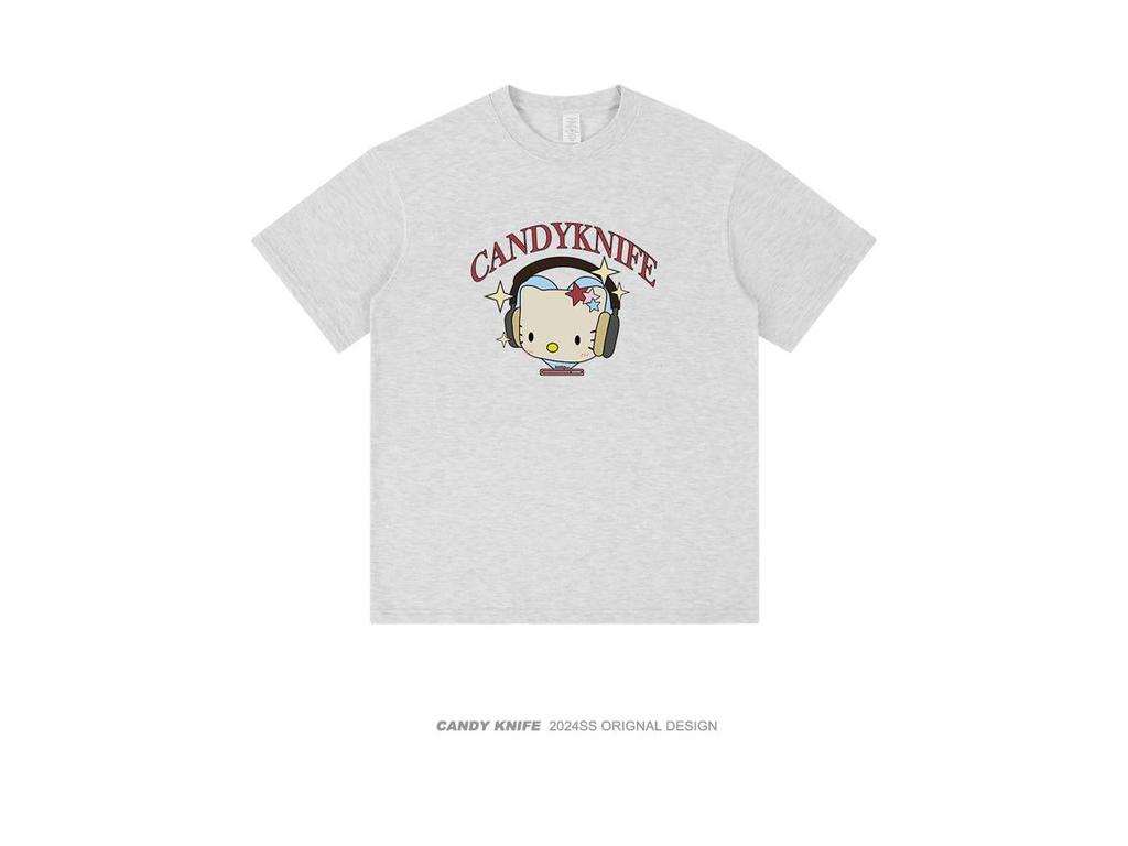 Unisex American Retro Cartoon Kitten Heavyweight Crew Neck T-Shirt