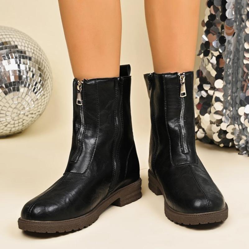 Large Size Round Head Square Heel Medium Tube Fashion Boots Autumn and Winter New Zipper Wind Wear Thin Boots Women