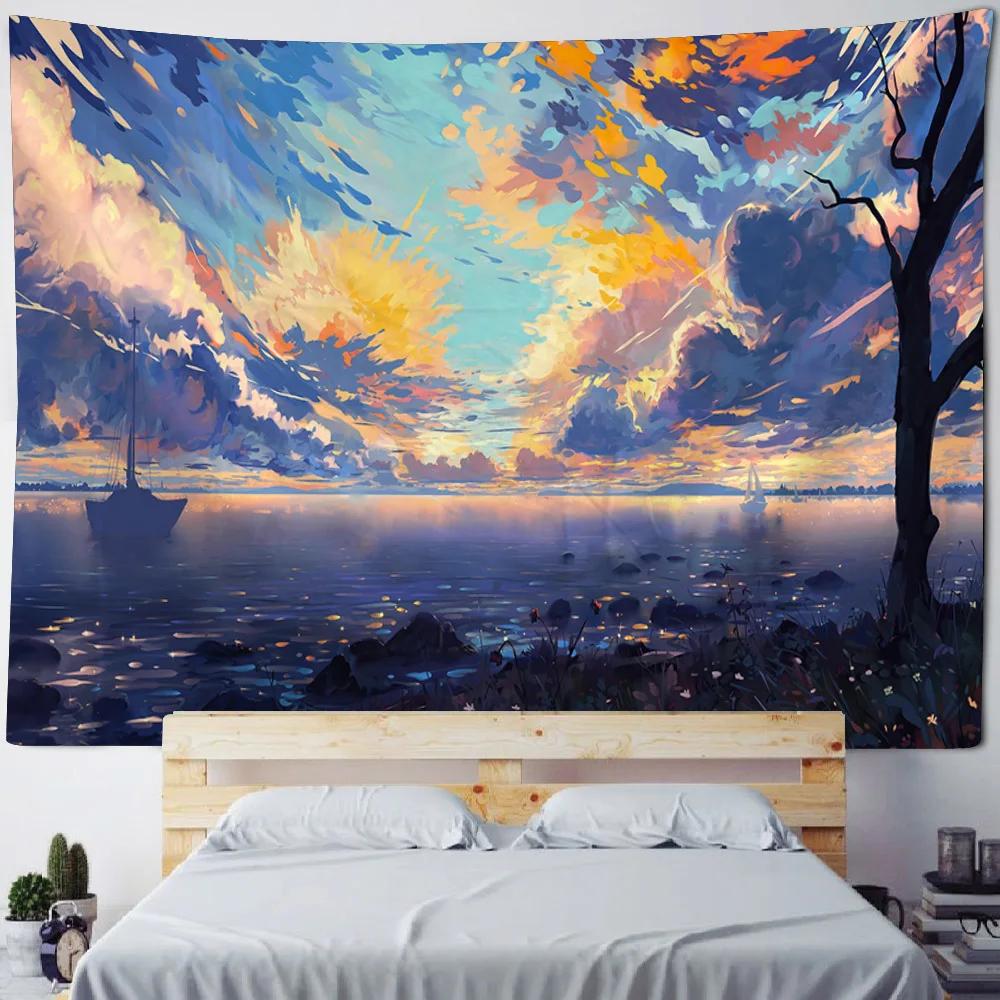 Cartoon Starry Sky Art Tapestry Pink Cloud Moon Wall Hanging Cloth Children's Room Decoration Kawaii Wall Decoration Tapestry