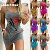 2021 Womens Elegant Summer Floral Letter Pattern Print Denim Bodycon Mini Skinny Dress Sleeveless Pocket Design