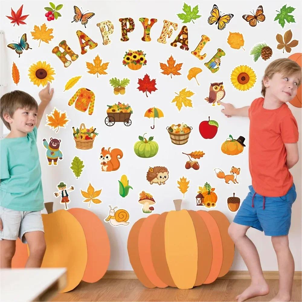 Autumn Cardboard Leaves Squirrel Pumpkin Background Wall Bulletin Board Decorated Thanksgiving Wall Stickers Wall Decoration