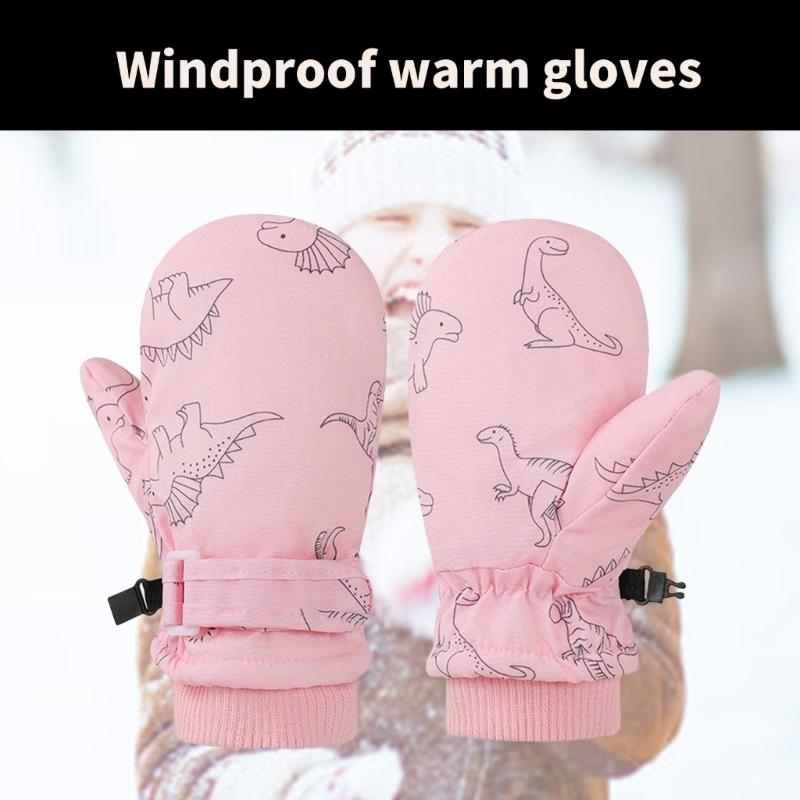 Splashproof Mittens Kids Gloves Windproof Children Winter Warm Snow Gloves Print Dinosaur Pattern Thicken Thermal Mitts