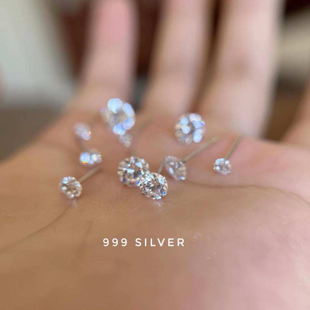 Beixi S999 Sterling Silver Zirconia Stud Earrings - Super Shiny, White & Purple, Versatile for Cartilage, Comfortable for Sleeping