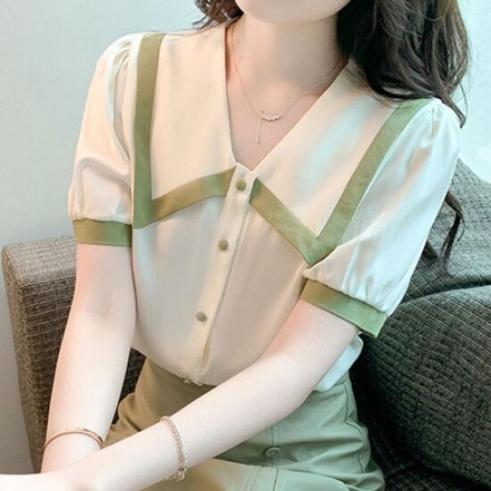 Navava Women Color Block Big Collar Short Sleeve Blouse Nb1976