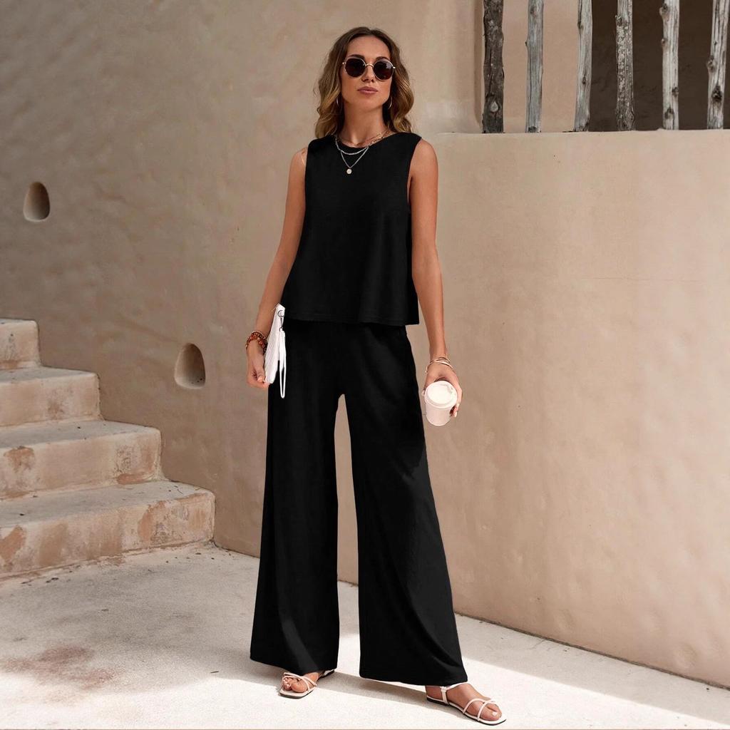 Women's Two-Piece Set Sleeveless Tank Top High Waist Wide Leg Pants Casual Outfit