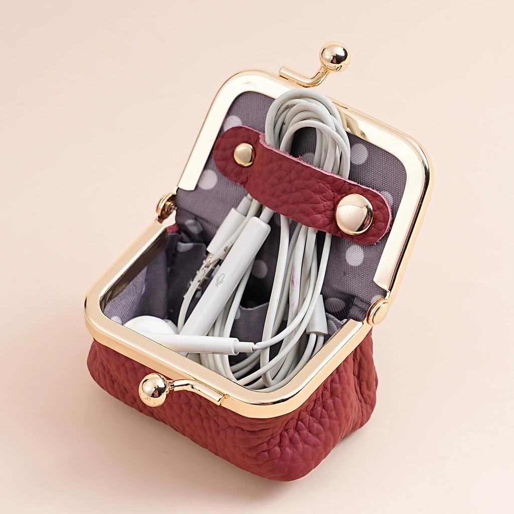 Damen Mini-Münzbörse aus echtem Leder Unifarbene Kussverschluss-Münztasche Lässige kleine Aufbewahrungstasche