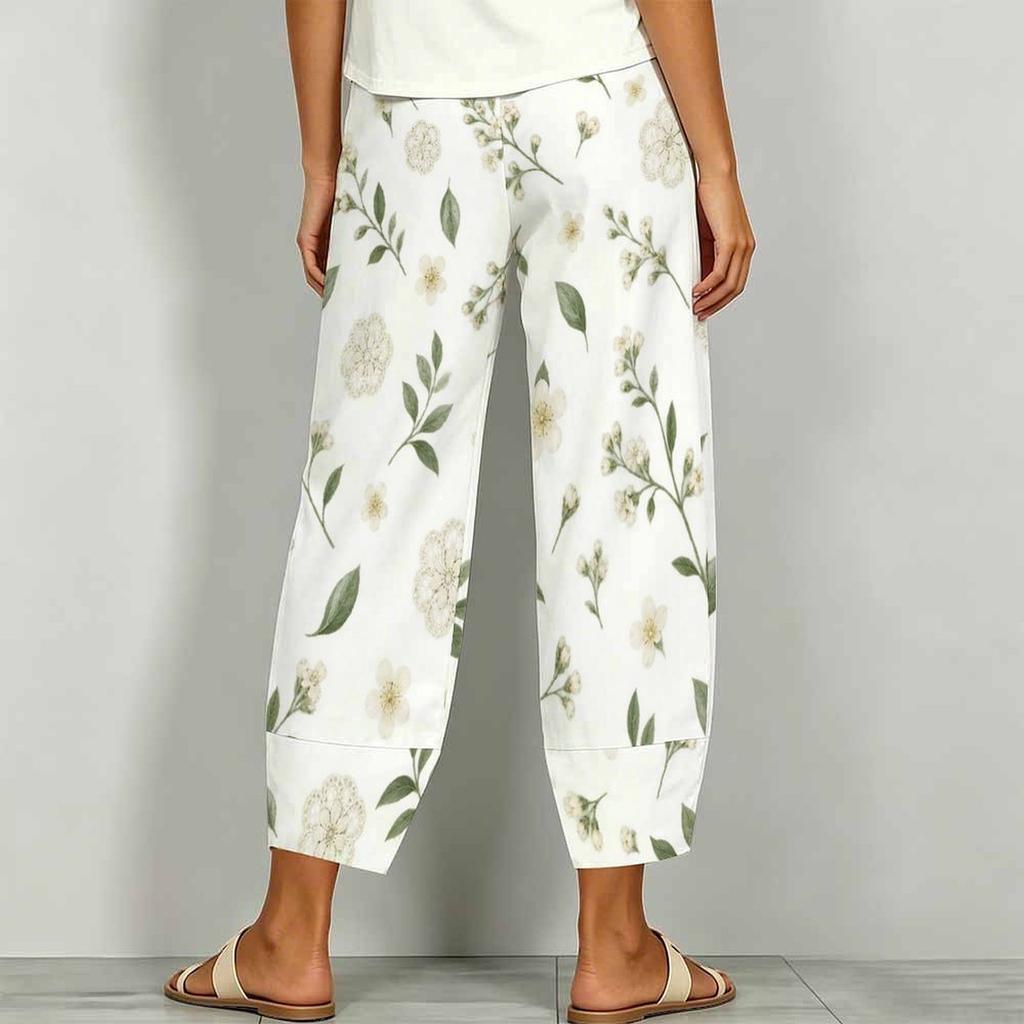 Women Plus Size Loose Fit White Blue Floral Printed Cross Hem Cropped Pants With Pockets