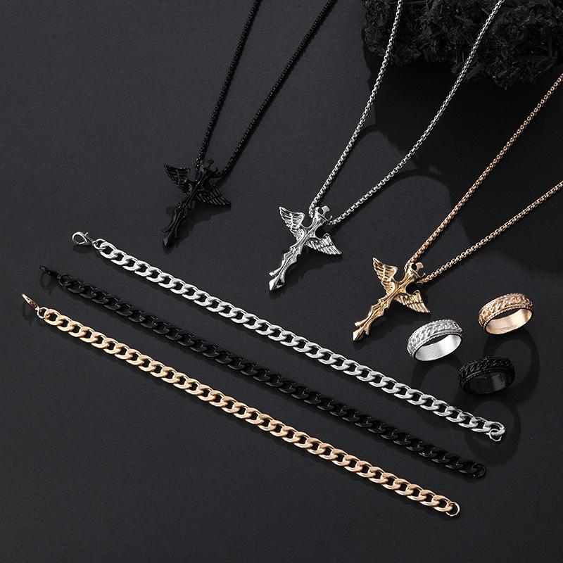 3Pcs Set Men'S Stainless Steel Metal Cross Pendant Chain Necklace Bracelet Ring Jewelry Set Male Hip Hop Daily Wear Accessories