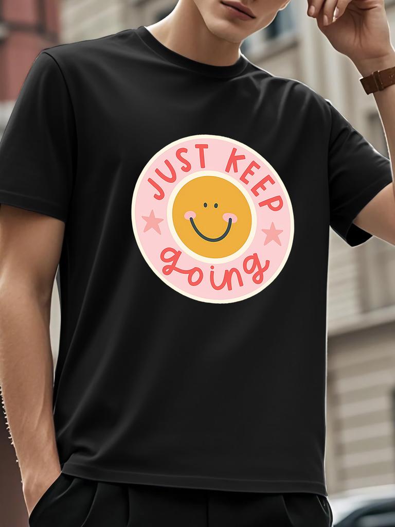 European sizes Face & " Keep Going" Motivational T-Shirt - Pink joyful & White Print Round Neck Casual Tee