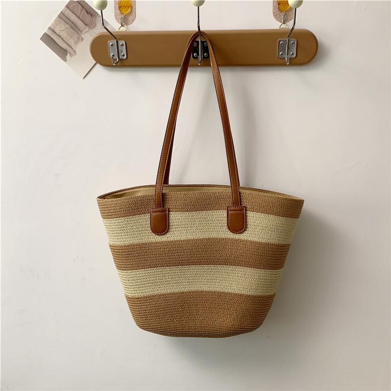 Summer Vacati Women's Straw Woven Shoulder Bags Beach Striped Ladies Bucket Handbags Simple Female Sea Side Large Tote Bag