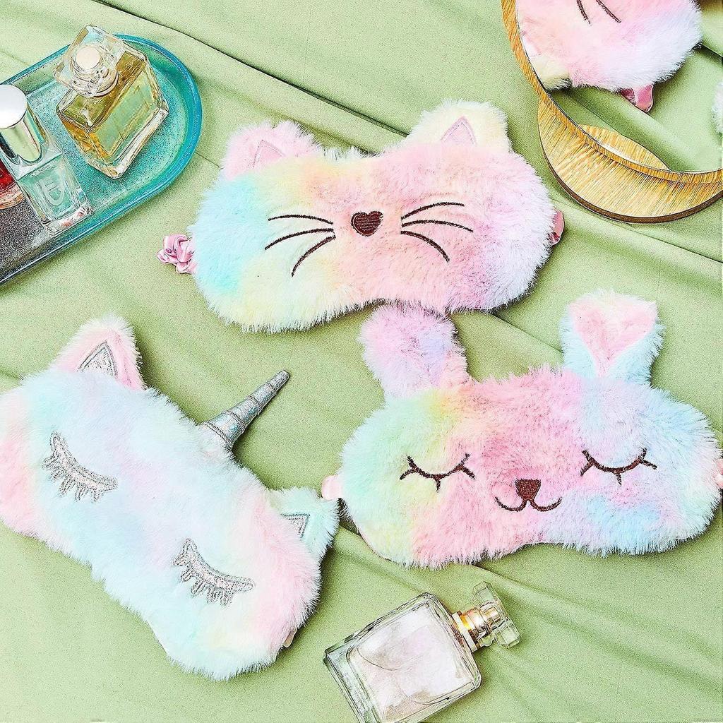 3 Pieces Sleep Mask for Kids, Girls Plush Sleeping Eye Cover Soft Eye Blindfold Cover Animal Shade for Kids(Rainbow Color,Bunny, Cat and Unicorn Style