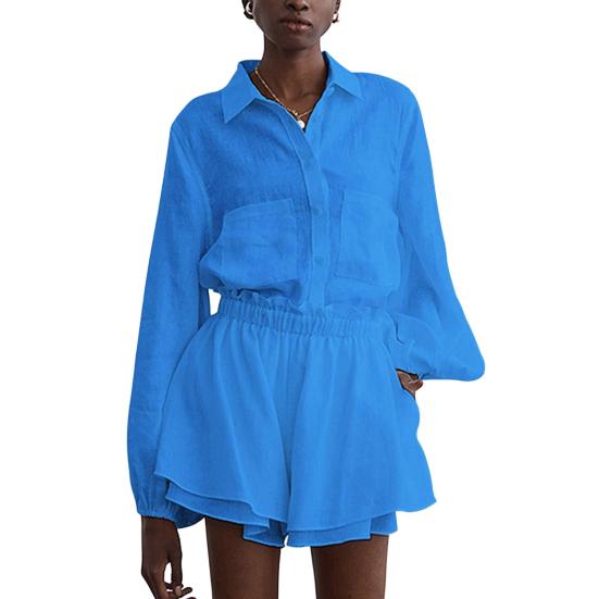 2 Teile/satz Frauen Set Raffen Elastische Schnürung Lange Taille Falten Hosen Hemd Shorts Blase Ärmel