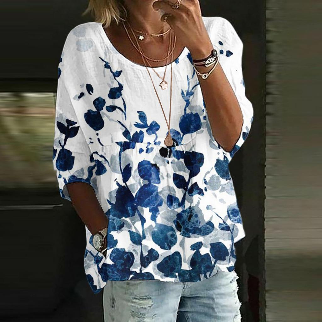 Damen Casual Mode Dreiviertelarm Locker Rundhals Floral Bedrucktes Oberteil