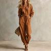 Tuta da donna con cintura, bottoni sul davanti, scollo a V, maniche lunghe, casual, vestibilità ampia, gamba affusolata