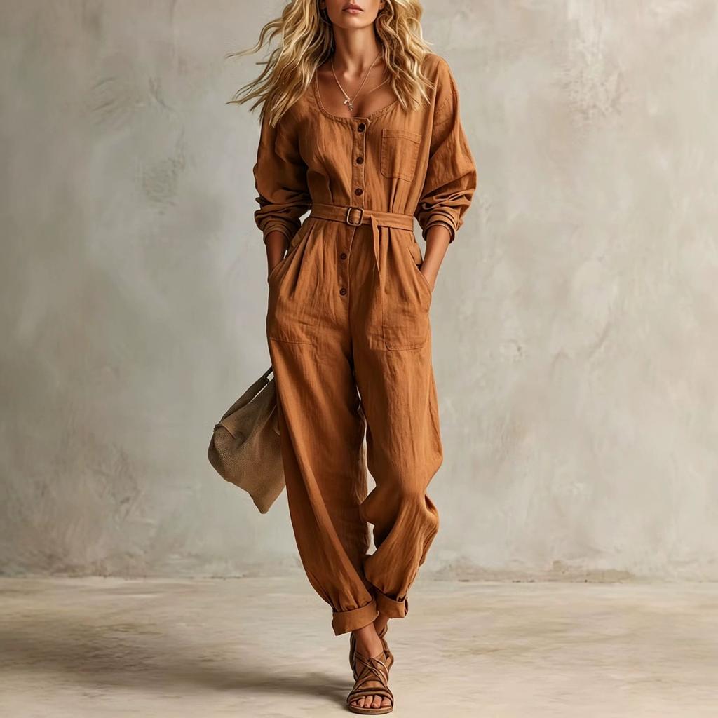 Tuta da donna con cintura, bottoni sul davanti, scollo a V, maniche lunghe, casual, vestibilità ampia, gamba affusolata