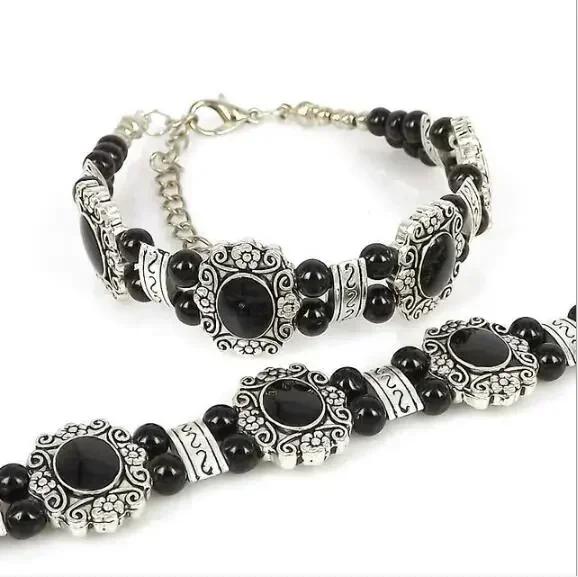 Vintage Fashion Simple Ethnic Bracelet Korean Edition Double Layer Handicraft Retro Double Rowed Turquoise Bracelet Accessories black
