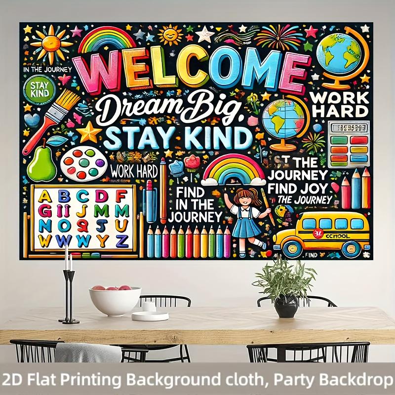 Welcome Inspirational School Tapestry, Colorful Cartoon Classroom Quote Print Wall Cloth, Warm Decor For Kids Room Classroom