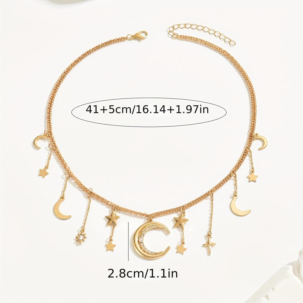 Rhinestone Middle Eastern Women's Vintage Necklace Star and Moon Short Tassel Collarbone Chain, 1pc of New Versatile