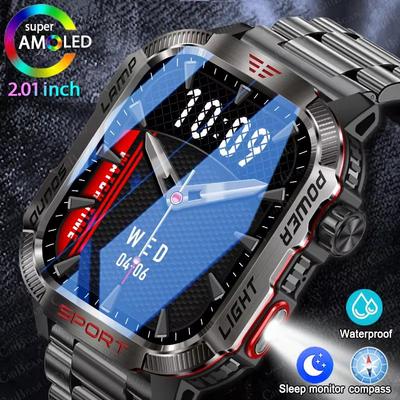 Neue Sport-Smartwatch für Herren, 2,01 Zoll HD-Bildschirm, 600 mAh, Taschenlampe, Kompass, Herzfrequenz, wasserdicht, Bluetooth-Anruf