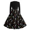 Women's Vintage Long Sleeve Square Neck Dress Halloween Skeleton Print Party Dress Retro Style Full Skirt with Waist Tie Belt