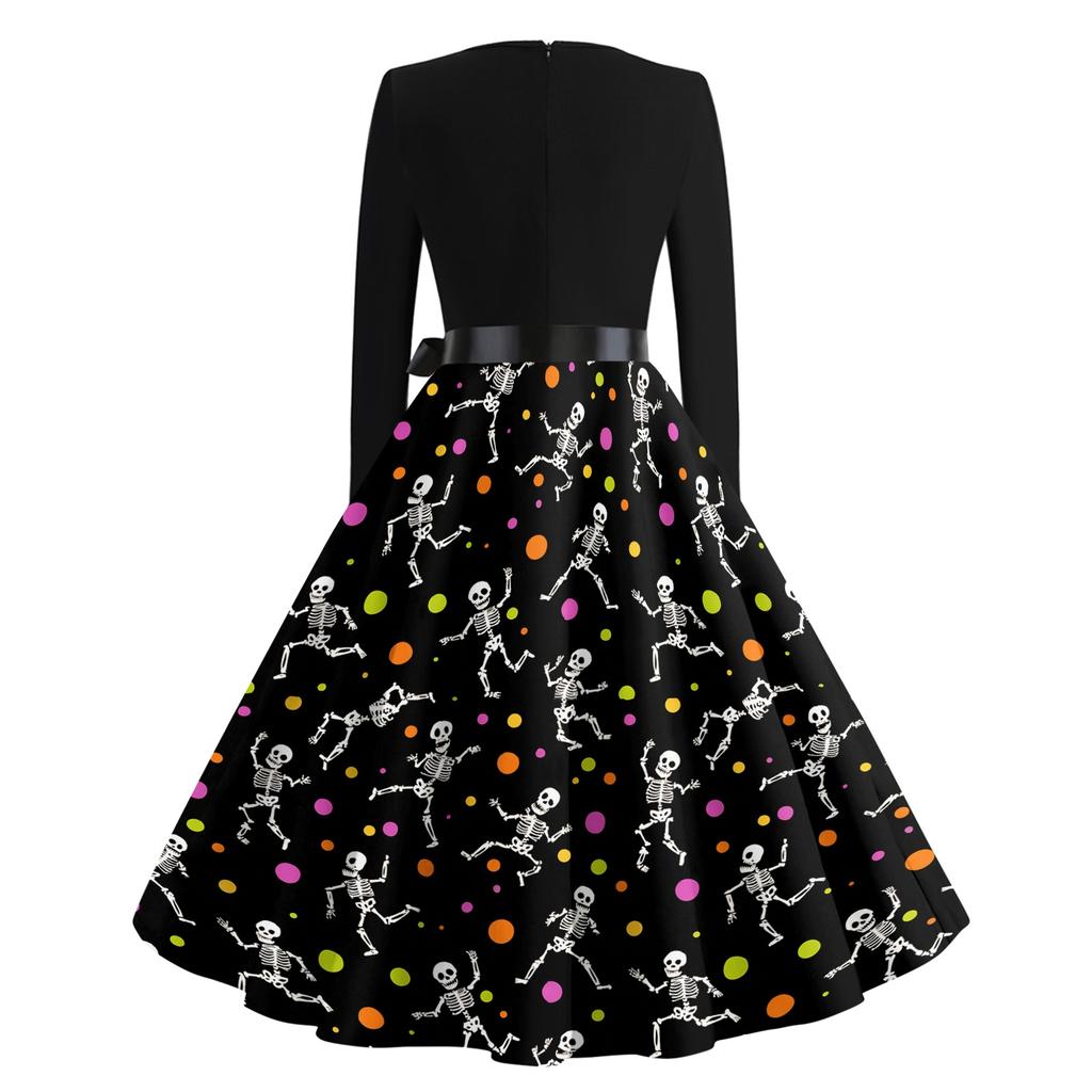 Women's Vintage Long Sleeve Square Neck Dress Halloween Skeleton Print Party Dress Retro Style Full Skirt with Waist Tie Belt