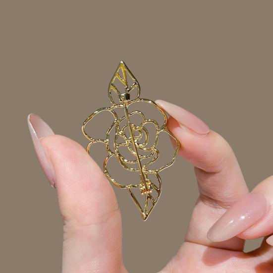 Women Brooch Hollow Rose Flower Design Polished Finish Brooch Pin Dress Coat Sweater Badge Versatile Fashion Accessory
