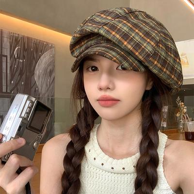 Niche Design Plaid Octagonal Hat Women's Summer Thin Retro Face Small Cloud Hat Casual Versatile Beret