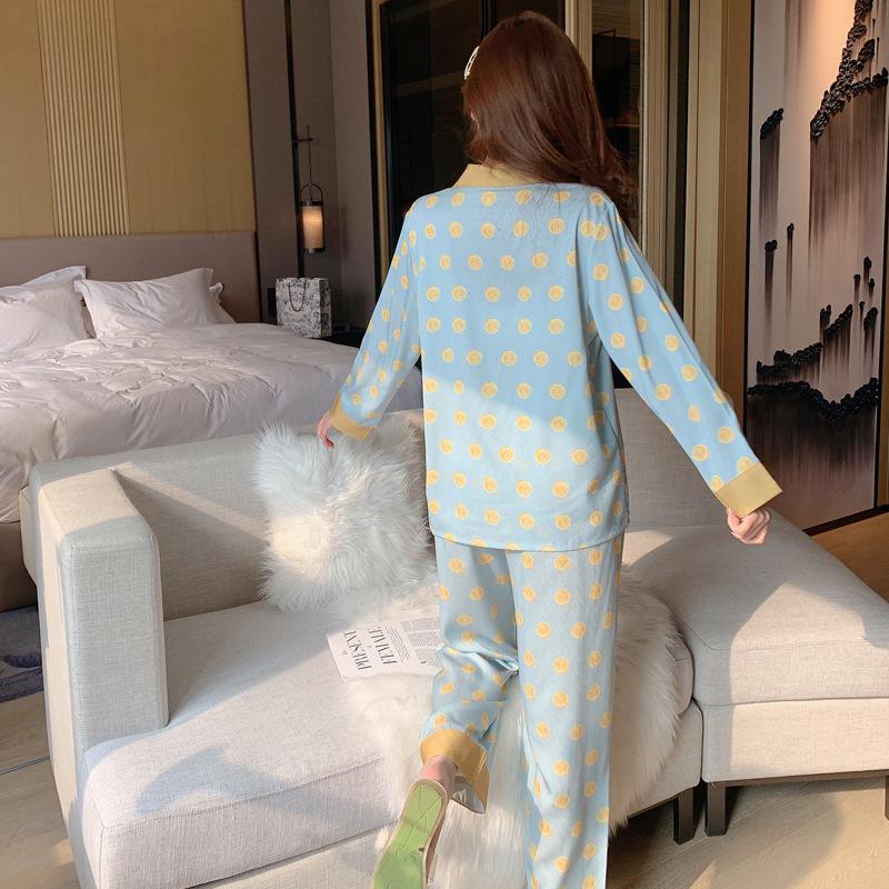 Pajamas Women's Spring Korean Edition Polka Dot Herringbone Pattern Simulation Silk Set Long Sleeve Pajamas Casual Ice Silk Loungewear Women's