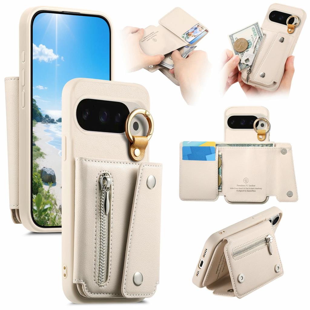 For Google Pixel 10 Pro XL/9 Pro XL Case D-Ring Holder Leather + PC + TPU Phone Cover with Wallet Kickstand