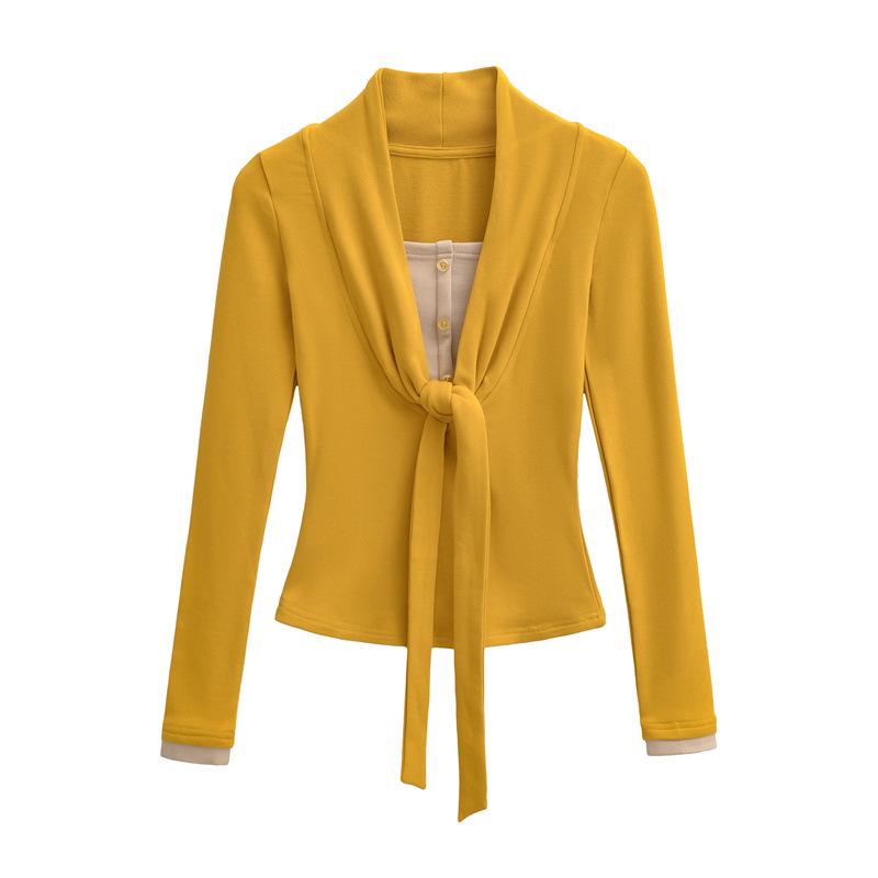 Women's Faux Cashmere Trendy Layered Long-Sleeve Tie-Up Top for Spring/Autumn