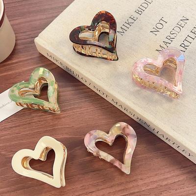 1pc Cute Heart Shaped Hair Claw Clips Colorful Acrylic with Gold Accents Multiple Pretty Hues Perfect for Sweet Y2K Hairstyles