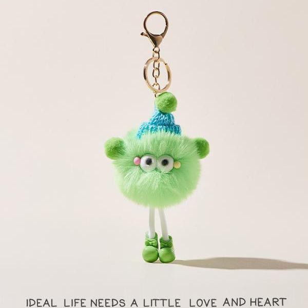 Little Coal Ball Elf Plush Doll Car Keychain Pendant - Cute Internet Celebrity Bag Charm with Long Legs With Hat, Long Legs, Gold Lobster Clasp
