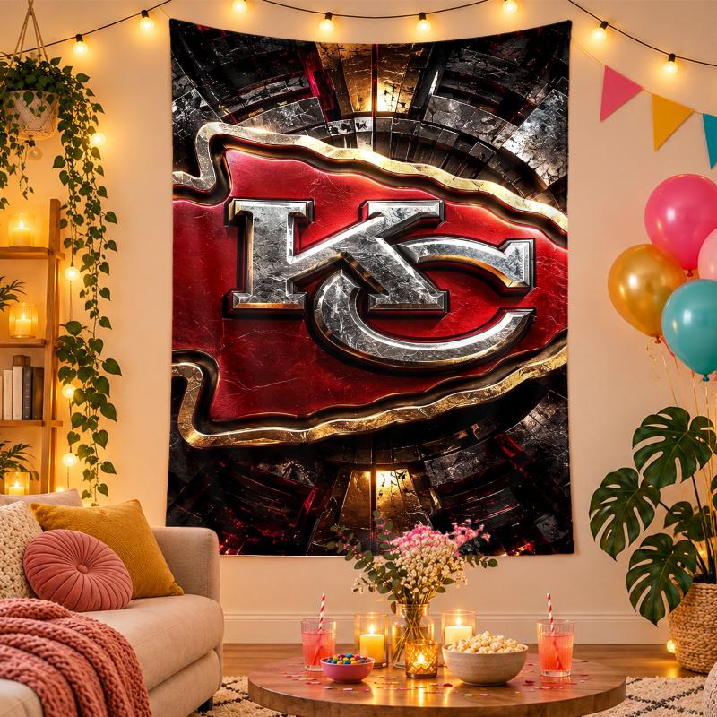 Polyester Wandteppich mit Kansas City Chiefs Design, Dekorative Hängedeko für Schlafzimmer Wohnzimmer Studentenwohnheim