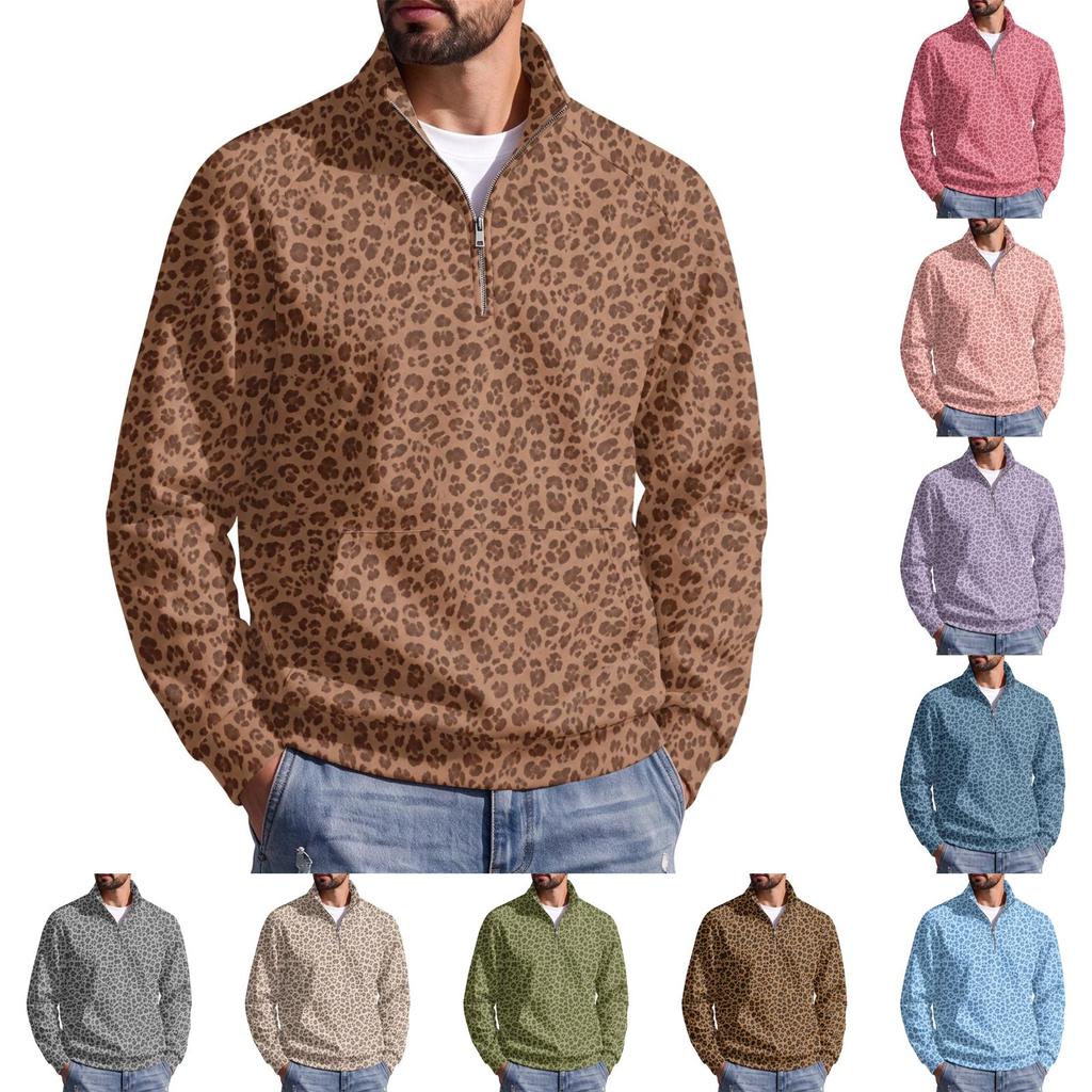 Herren Pullover mit Reißverschluss, Leopardenmuster, Stehkragen, Lässig, Knitterfrei, Sportliches Oberteil für Herbst Winter