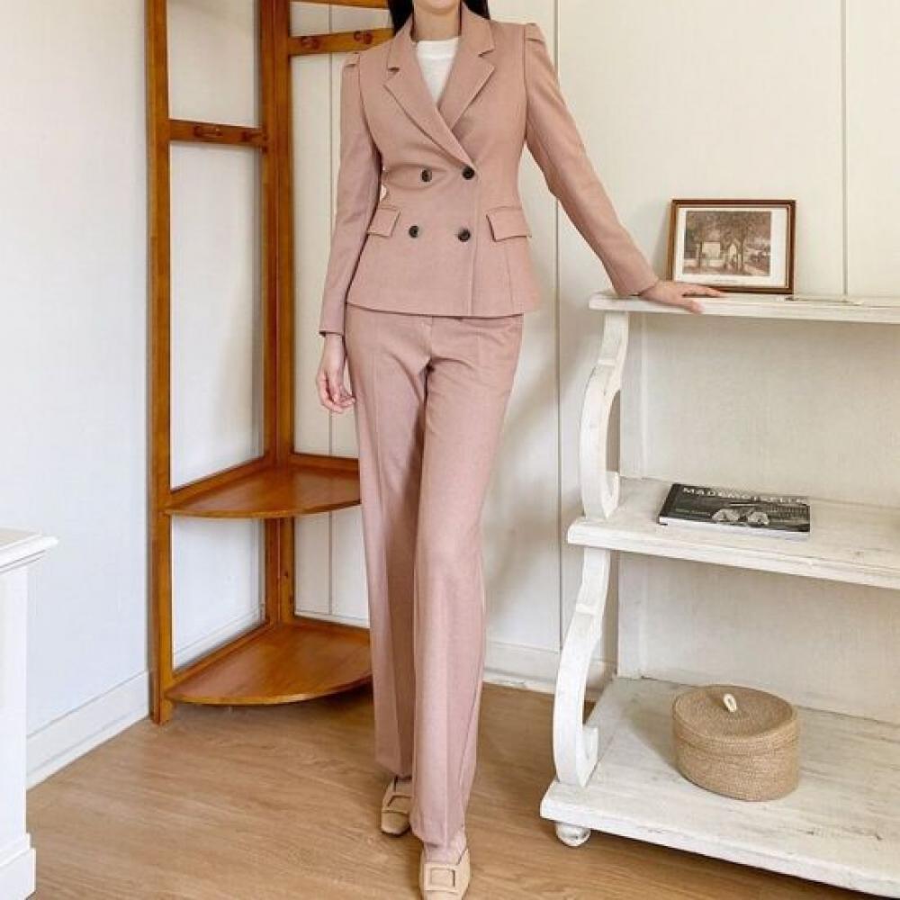 Style Latte Women Cropped Blazer Shirring Jacket Slacks Two Piece Setup