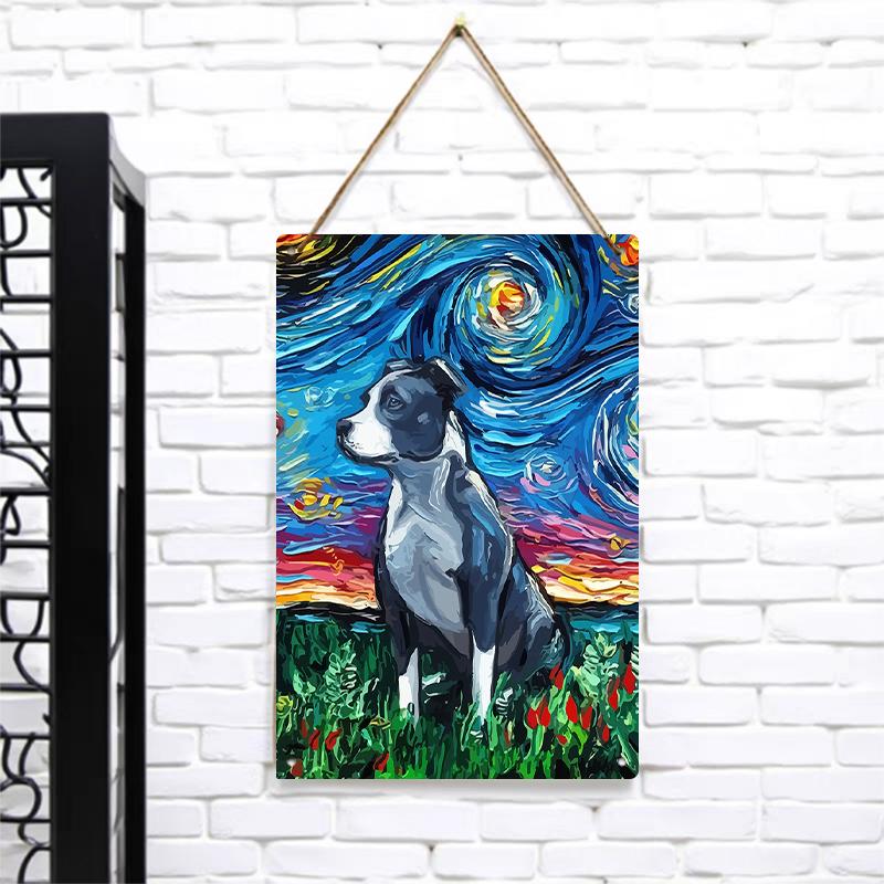 Van Gogh Starry Night Style American Bulldog Metal Tin Sign Home Decor Living Room Bedroom Wall Art Painting