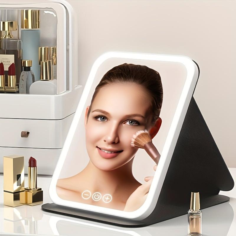 Cosmetic Mirror with Lamp, Portable Cosmetic Mirror with Lamp,3-color Lighting, Dimmable Touch Screen,rechargeable Desktop LED Folding Cosmetic Mirror