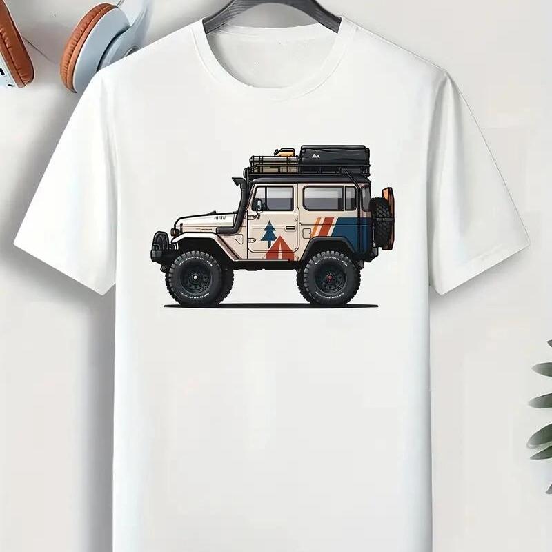 

Мужская стильная футболка с принтом машины - Удобная летняя одежда, Круглый вырез, Идеально подходит для повседневных прогулок и курортного отдыха XL