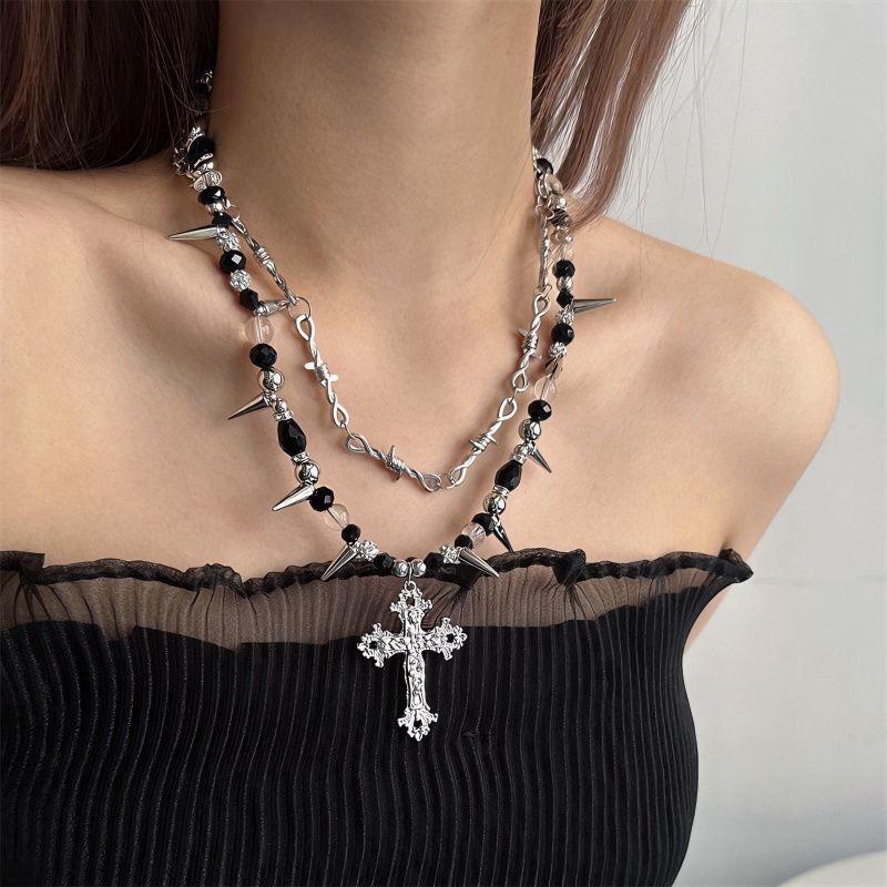 Gothic Dark Style Beaded Thorns Rivet Cross Necklace Women'S Punk Vintage Double Layer Chain Jewelry Accessory