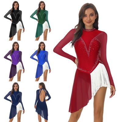 Womens Long Sleeve Skating Dress Sparkle Rhinestone Backless Irregular Hem Side Fringe Leotard Gymnastics Costume
