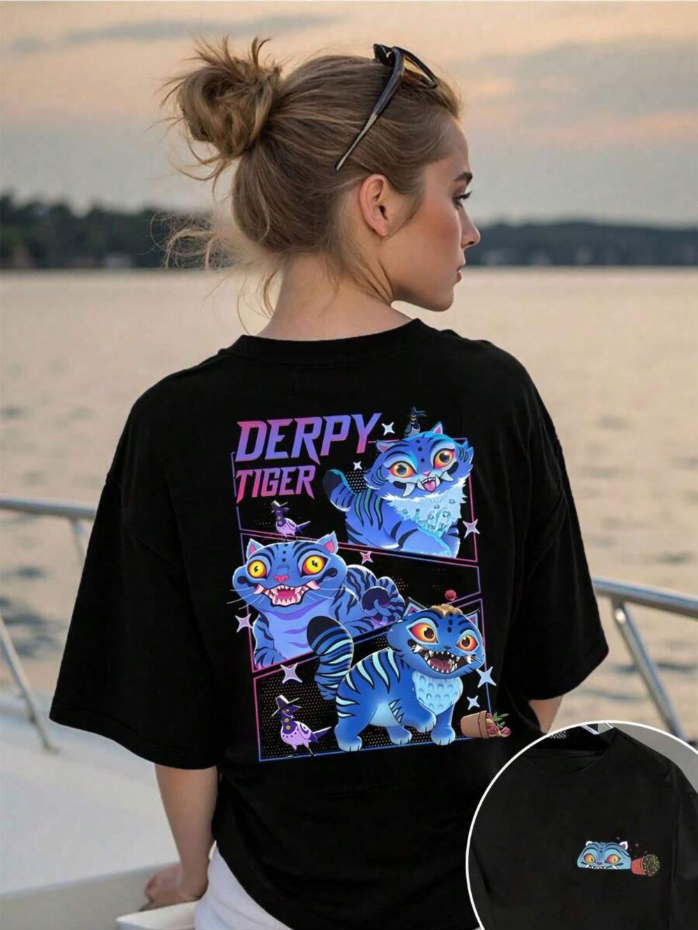 

Kpop Women s Black Derpy Tiger Graphic T-shirt Quirky Cartoon Tiger Neon Lettering Design Casual Round Neck Tee L